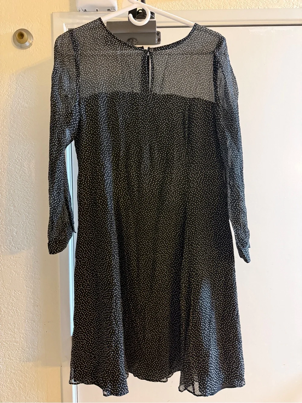 J. Crew Black Sheer Yoke Midi Dress with Subtle Dot Print